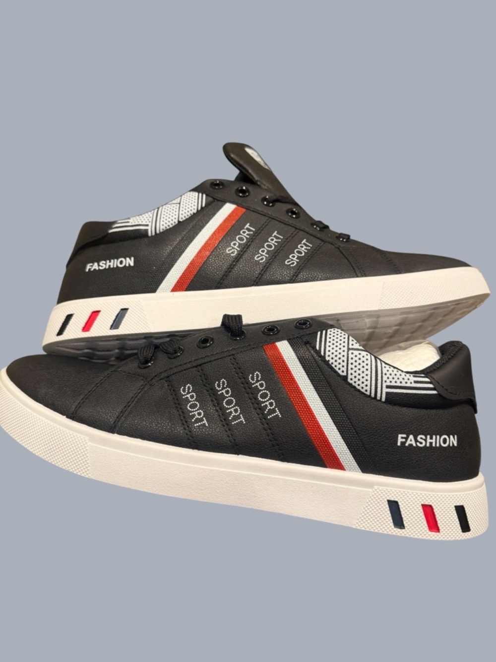 Men's Black 'Fashion' Low-Top Sneakers with Red & White Stripe